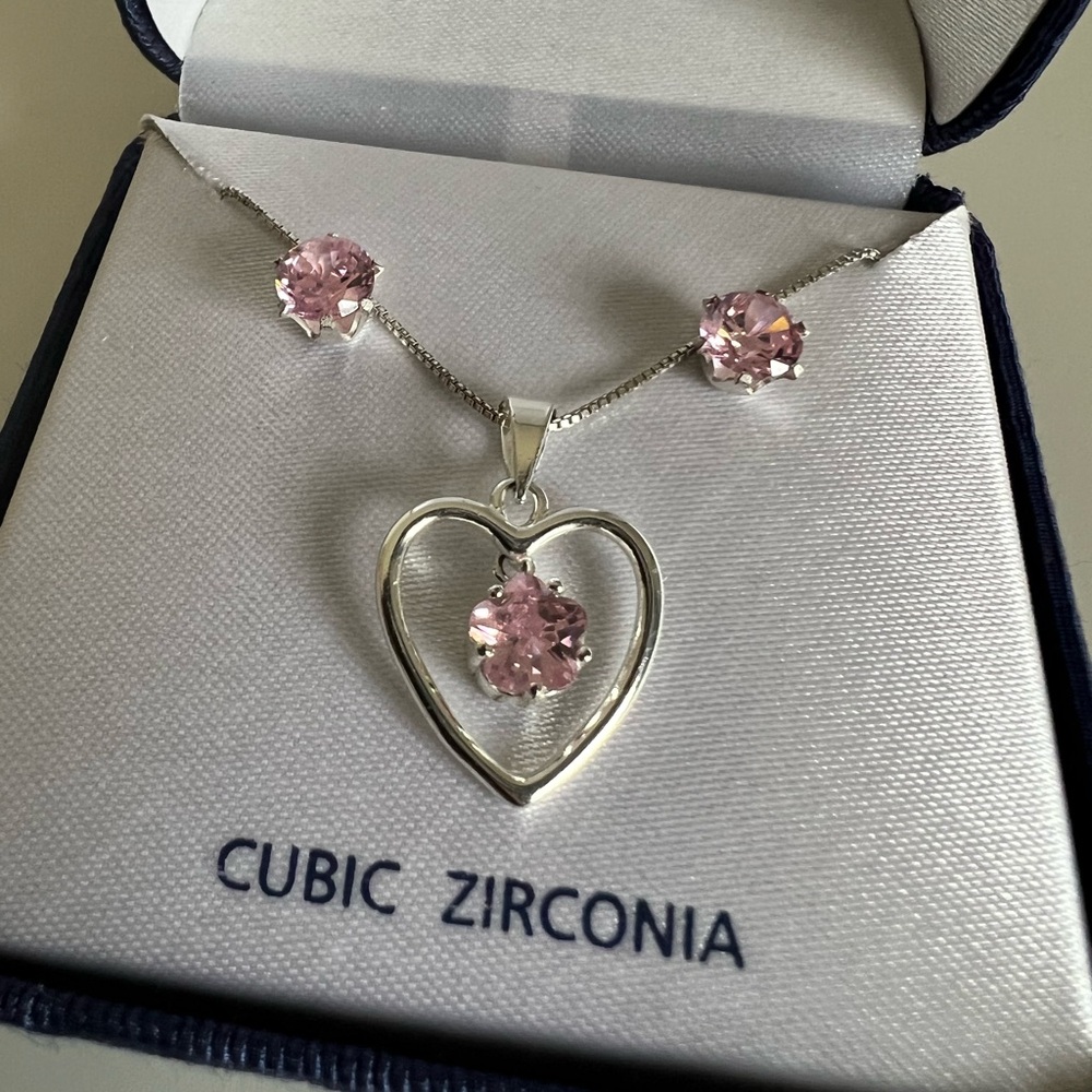 Sterling Silver Pink Cubic Zirconia Necklace and Earrings Set